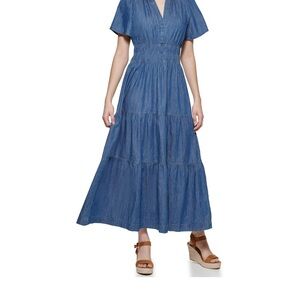 Tommy Hilfiger Blue Smocked Maxi Sundress